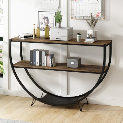 KTMBDW Rustic Industrial Design Side Table, Demilune Shape Textured Metal Distressed Wood Console Table