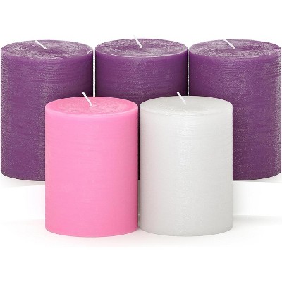 Advent Pillar Candles Set of 5 ¨C 3x4 Inch Unscented Dripless Purple Candles, Rustic Style for Advent Wreaths and Christmas Decorations