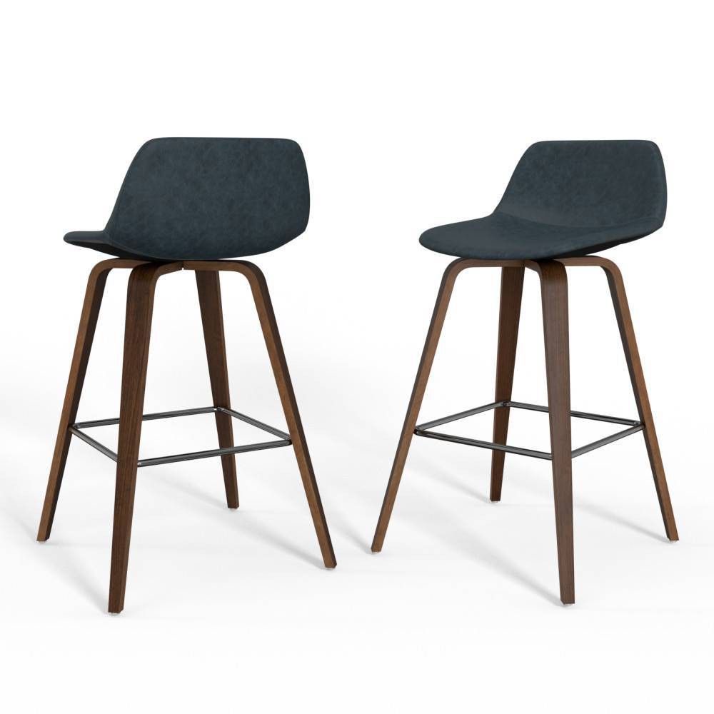 Set of 2 Cacey Bentwood Counter Height Barstools Distressed Blue - WyndenHall: Mid-Century Design, Faux Leather Upholstery, Wood Legs
