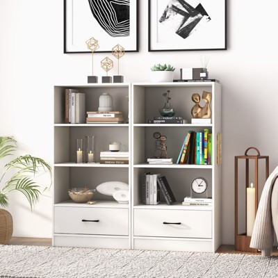 White 48" Modern Wood Bookcase with Drawer and Shelves