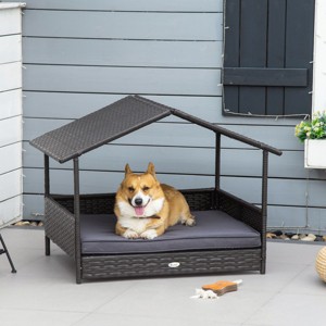 Wicker Dog House with Canopy,38'' Outdoor Rattan Dog Bed with Water Resistant Cushion for Small and Medium Dogs-LAOTIES - 1 of 4