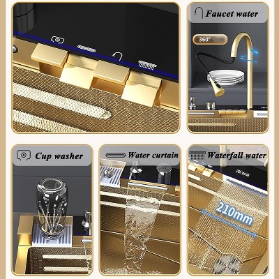 Gold Stainless Steel Single Basin Waterfall Kitchen Sink with Digital Display