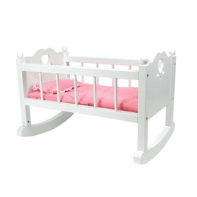Sophia's White Baby Doll Cradle Furniture, Open Sides & Heart Cutout Design Plus Doll Bedding Set, Perfect Baby Doll Crib/ Cradle