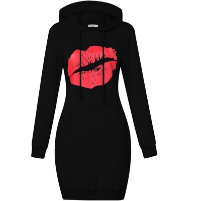 Women Long Sleeve Pocket Solid Color Pullover Hooded Tunic Dress