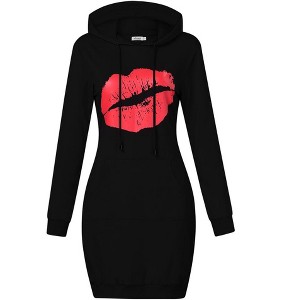 Women Long Sleeve Pocket Solid Color Pullover Hooded Tunic Dress - 1 of 4