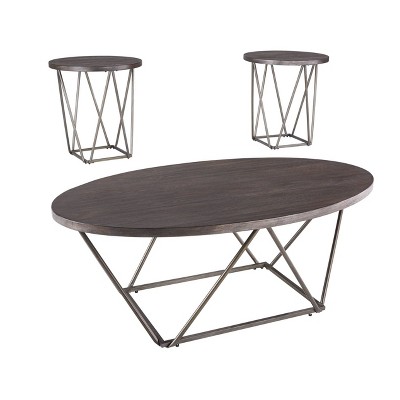 Set of 3 Neimhurst Occasional Table Sets Dark Brown - Signature Design by Ashley: Oval, Veneer Finish, Modern Style