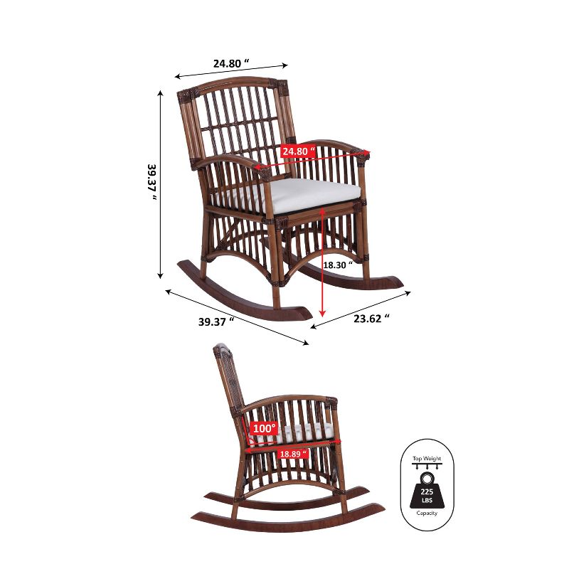 JONATHAN Y Swayze Bohemian Farmhouse Woven Rattan/Wood Rocking Chair, Cushion with Frame, 4 of 10