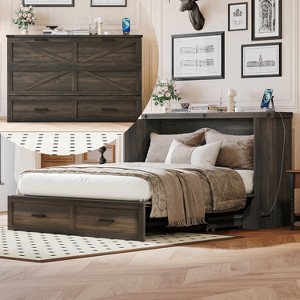 Full/Queen Size Farmhouse Murphy Bed with Charging Station, Foldable Platform Bed with Large Storage Drawer - ModernLuxe - 1 of 4