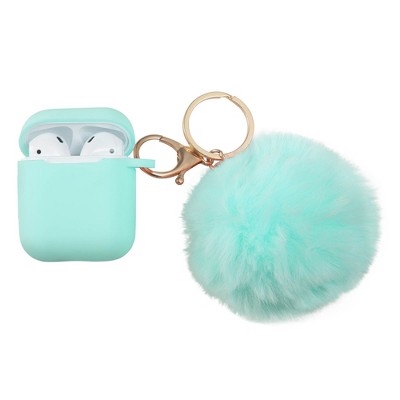 Insten Cute Case Compatible with AirPods 1 & 2 - Fluffy Pom Pom Protective Silicone Cover with Keychain, Green