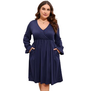 Coolmee Women's Plus Size Mini Dress Long Sleeve Wrap V Neck A Line Short Dress with Pockets - 1 of 4