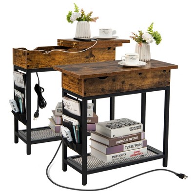 Tangkula 2PCS End Table Charging Station Industrial Nightstand Flip Top Side Pocket USB