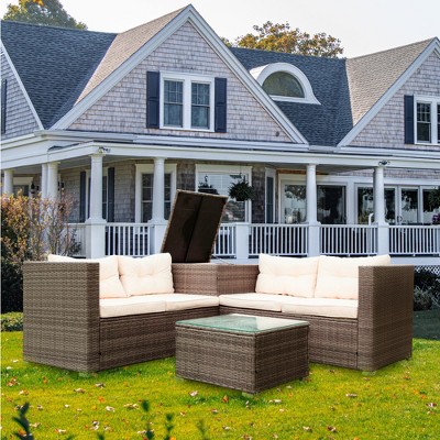 4-Piece Outdoor Wicker Rattan Conversation Set, Patio Sectional Sofa Set with Tempered Glass Coffee Table and Storage Box 4M - ModernLuxe