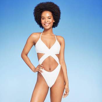 Tahiti White Halterneck Plunge Ruched One Piece Swimsuit