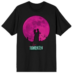 Lisa Frankenstein Lisa and the creature silhouette with pink moon and logo on black Adult T-Shirt - 1 of 3