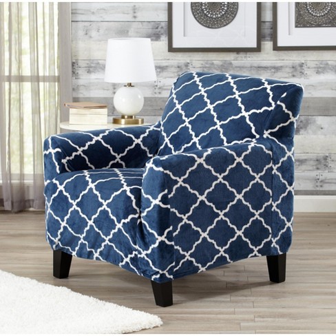 Great Bay Home Stretch Printed Velvet Plush Washable Chair Slipcover Chair Lattice Navy