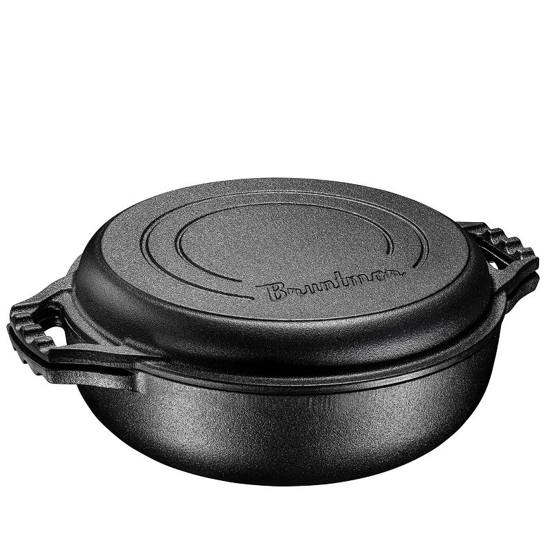 Bruntmor 2-in-1 Black Enameled Cast Iron Cocotte Double Braiser Pan with Grill Lid, 3.3 Quart, Cookware Set with Dual Handles,, 4 of 7