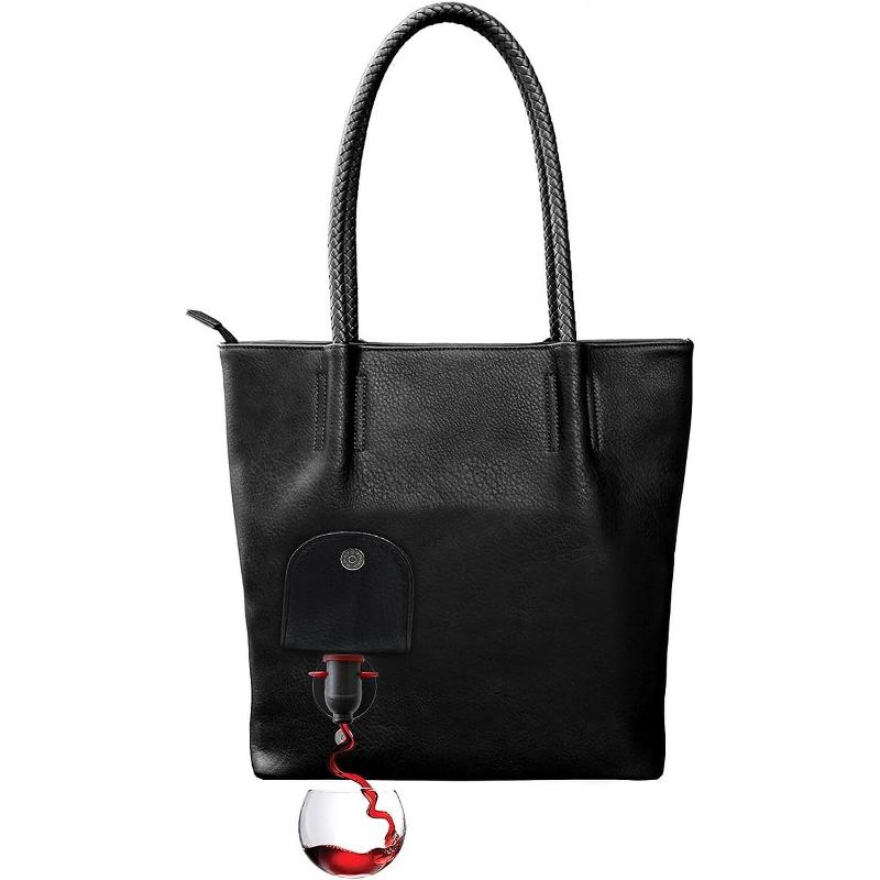 PortoVino 50oz Vegan Leather Tote Bag that Holds and Pours 2 bottles of Wine, Black, 1 of 2