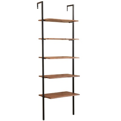 HomeRoots 72" Brown Metal and Solid Wood Five Tier Ladder Bookcase