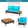 Costway 4PCS Patio Rattan Furniture Set Loveseat w/Wooden Side Table Cushioned Turquoise - 3 of 4