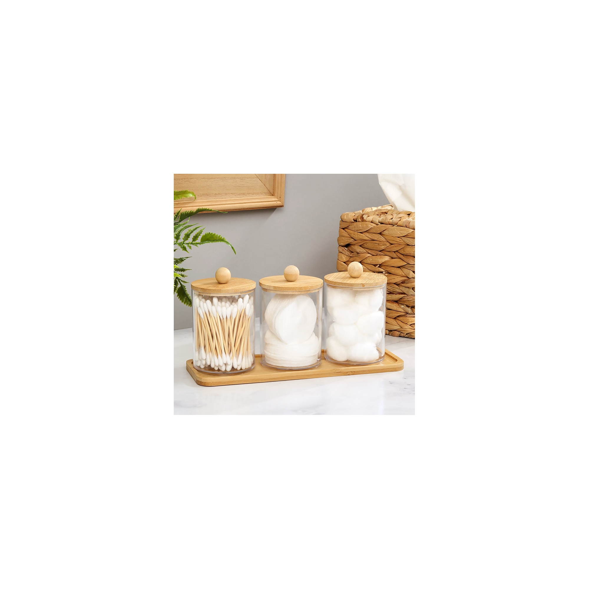 The Lakeside Collection Bathroom Coutertop Clear Canisters with Bamboo Tray -