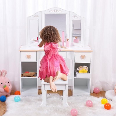 Kids Vanity Set With Mirror And Stool Wooden Girls Makeup Playset