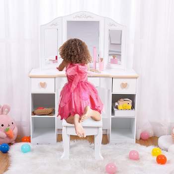 Kids Vanity Set with Mirror and Stool, Wooden Girls Makeup Playset, Princess Vanity Table for Kids, Toddlers, White