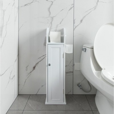 White Freestanding Bathroom Toilet Paper Holder with Storage Cabinet