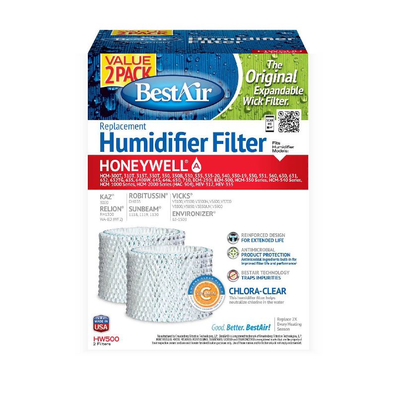 BestAir 2pk HW500 Humidifier Replacement Filter for Honeywell Humidifiers, 1 of 5