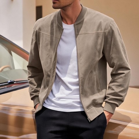 Мужская куртка YesFashion Men‘s Plus Size Suede Bomber Jacket Stand Collar Zip Front Casual