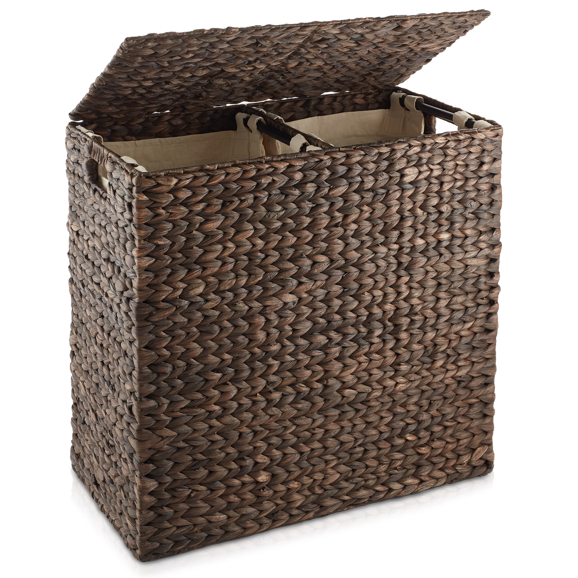 Casafield 2-Section Laundry Hamper with Lid and Removable Liner Bags - Espresso Dark Brown, Woven Water Hyacinth Laundry Basket Sorter for Clothes