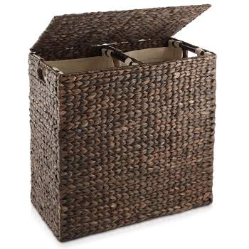 Casafield 2-Section Laundry Hamper with Lid and Removable Liner Bags, Woven Water Hyacinth Laundry Basket Sorter for Clothes