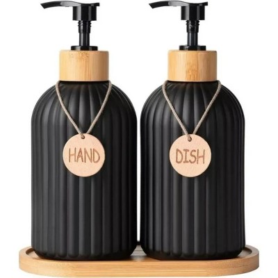 LunaLulinlk Glass Soap Dispenser Set, Contains Glass Hand Soap Dispenser and Glass Dish Soap Dispenser with Bamboo Base Black