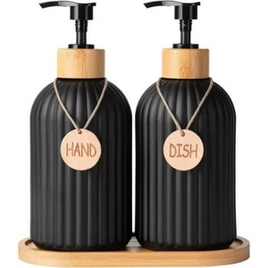 LunaLulinlk Glass Soap Dispenser Set, Contains Glass Hand Soap Dispenser and Glass Dish Soap Dispenser with Bamboo Base Black - 1 of 4