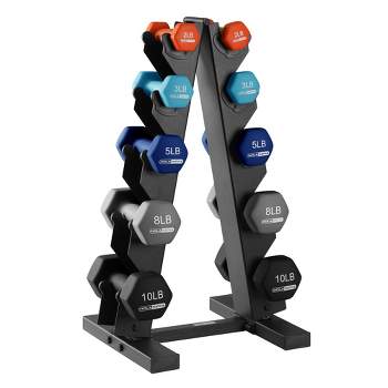 HolaHatha 2, 3, 5, 8, and 10 Pound Neoprene Coated Grip Hexagon Dumbbell Weight Set with Storage Rack Stand for Various Strength Training Workouts