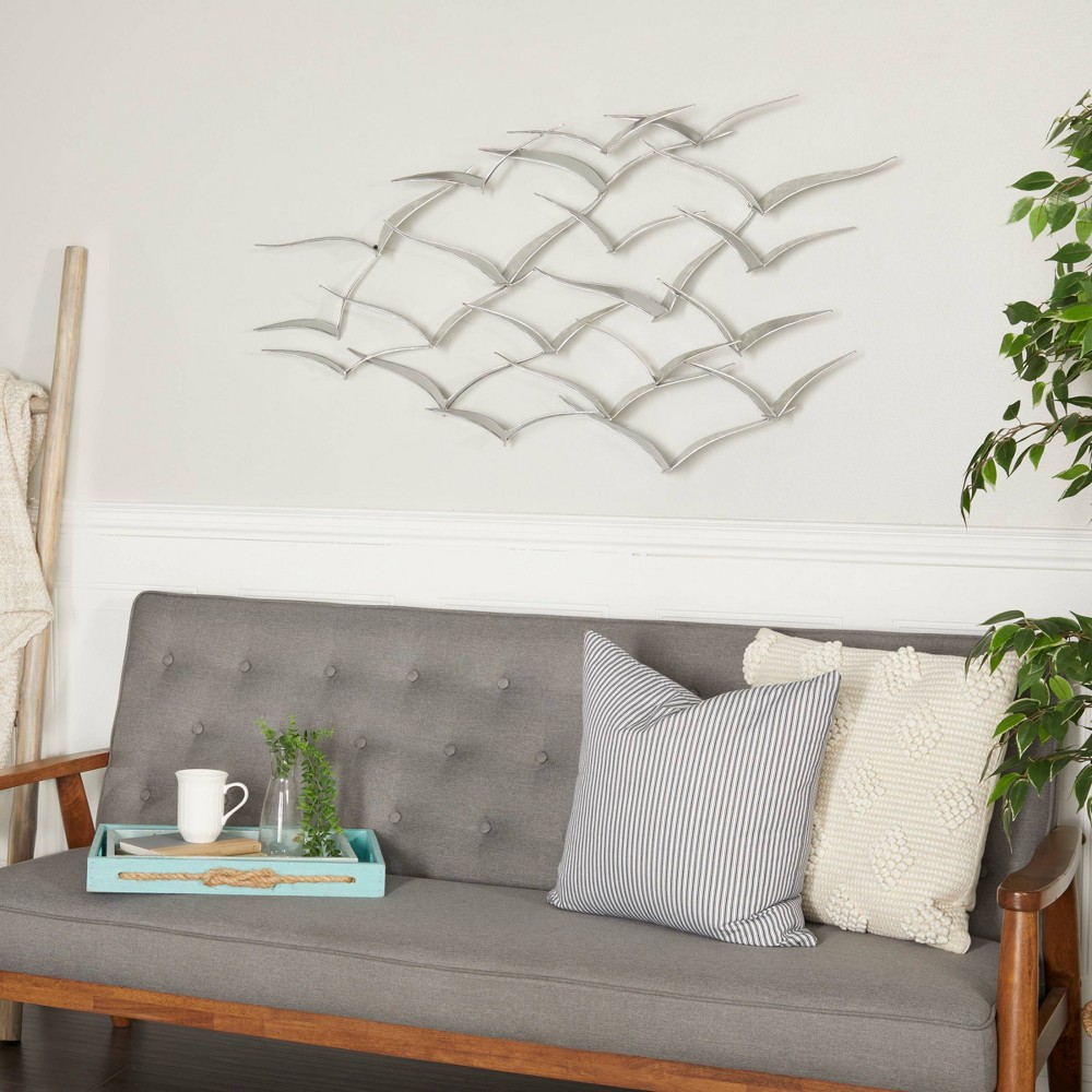 Photos - Wallpaper Metal Bird Flying Flock Wall Decor Silver - Olivia & May: Iron Nautical Coastal Art, Vertical Orientation, 48x25"