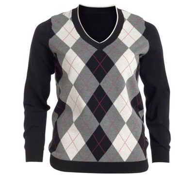 ellos Women's Plus Size V-Neck Argyle Sweater - M, Slate Hot Pink