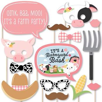 Big Dot of Happiness Girl Farm Animals - Pink Barnyard Baby Shower or Birthday Party Photo Booth Props Kit - 20 Count