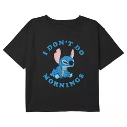 Girl's Lilo & Stitch I Don't Do Mornings Stitch Distressed Crop T-Shirt