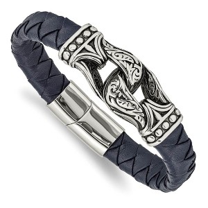Black Bow Jewelry Stainless Steel & Blue Leather Antiqued Ornate Bracelet, 8.75 Inch - 1 of 4