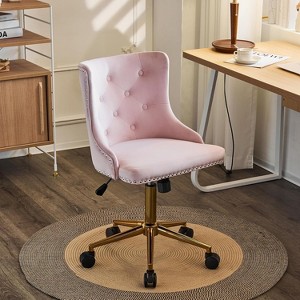 VINGLI Light Pink Velvet Armless Home Office Desk Chair with Gold Base/Wheels,Cute Vanity/Makeup Chair,Adjustable Swivel Nail Chair - 1 of 4