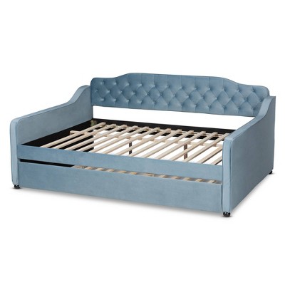 Light Blue Velvet Upholstered Tufted Full Daybed with Trundle