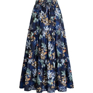 Women's Boho Beach Maxi Skirt - High Waist Flowy Pleated & Ruffle Long Skirt with Pockets Blue Floral - 1 of 4