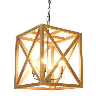 Natural Brown Wood and Metal Cage Chandelier, 4-Bulb
