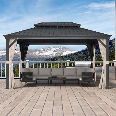 PURPLE LEAF Outdoor Gazebo Aluminum Frame Galvanized Steel Double Roof Patio Hardtop Gazebo with Curtains and Netting for Patio Lawn and Garden