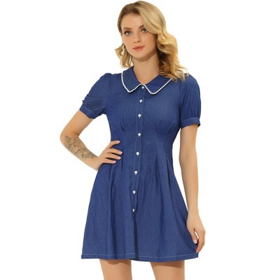 INSPIRE CHIC Women's Chambray Puff Button Front Flare A-line Mini Shirt Dresses