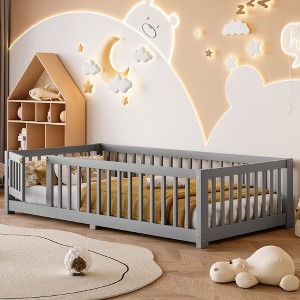 Bellemave Twin Size Bed Floor Bed with Safety Guardrails and Door for Kids, Gray - 1 of 4