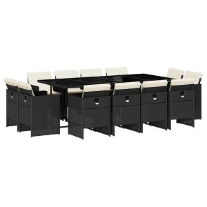 vidaXL Patio Dining Set with Cushions - 13-Piece Black Poly Rattan Outdoor Furniture with Glass Tabletop for Garden, Backyard, Patio, Deck - 1 of 4