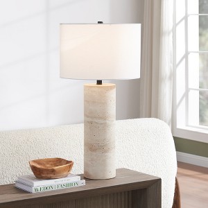 Hudson and Canal 29" Tall Natural Travertine Stone Table Lamp with Fabric Shade - 1 of 4
