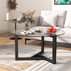 RISOKEYS 35.43" Round Glass Coffee Table - Modern Cocktail Table with Tempered Glass Top and Sturdy Wood Base for Living Room - 1 of 4