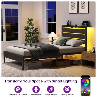 Greenstell Bed Frame with Headboard, Metal Platform Bed Frame with LED Lights & Charging Station